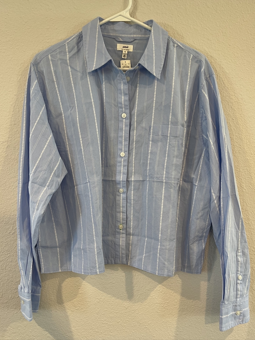 Nwt Aerie Womens Blue White Stripe 100% Cotton Boxy Button Up Shirt Size Xl